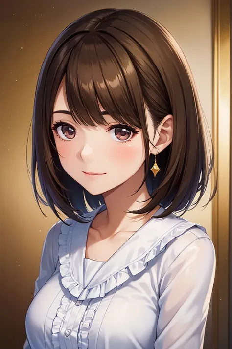 my grandmother、Shiny brown hair, short hair, (Beautiful brown eyes、Sparkling eyes, Fine grain)、smile、Ultra-detailed eyes、Very detailed face, Very detailed eye,
(Highest quality,High resolution,Very detailed),1 person, Beautiful and elegant eyes, Brown Hair...