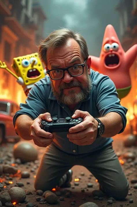 Marvin Rath, a PC gamer with a light beer belly, glasses short hair with a transition and full beard, destroys the PlayStation 5 controller on the PC and in the background is SpongeBob and Patrick tearing their eyes out behind burning cars and flames