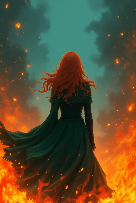 anime woman seen from behind. She has long, flowing ginger hair that cascades down her back. Shes dressed in black clothing, complemented by a striking green cloak that swirls around her. The background is filled with intense and vivid flames that envelop ...