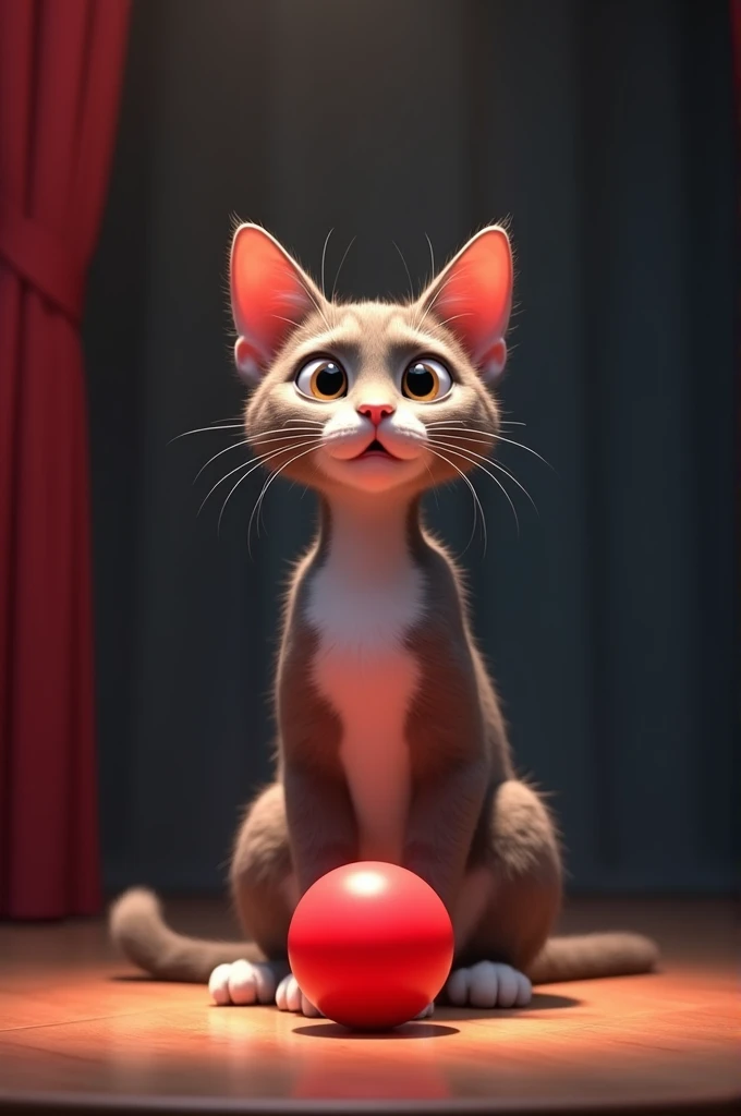 "Create a scene with the same cat on the stage, looking surprised as the red ball appears in a new location beside it."
