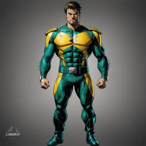 a man in a green and yellow costume standing with his hands on his hips, captain brazil, yellow x-man costume, x-man costume, x ...