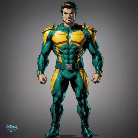 a man in a green and yellow costume standing with his hands on his hips, captain brazil, yellow x-man costume, x-man costume, x ...