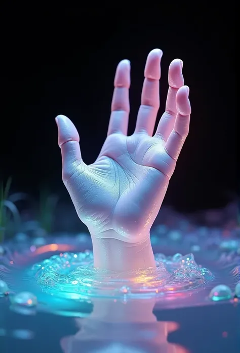 hand, pearlescent color scheme, surrealism, photorealism, aurora punk style, bold character design, water, opal, Rainbow, black background centered