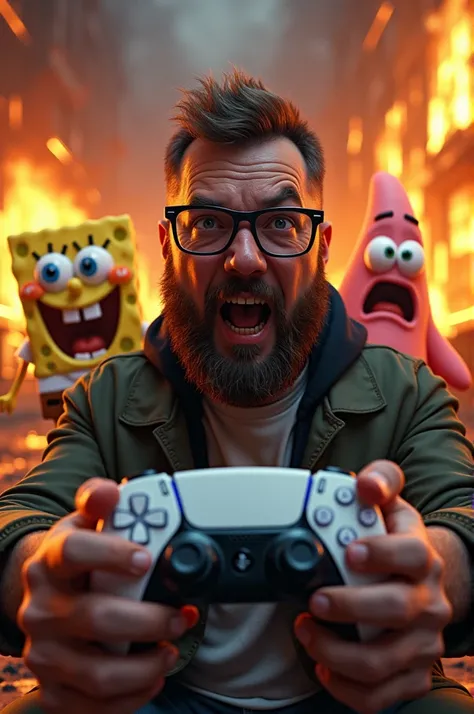 Marvin Rath and 29 years ,  a PC gamer with light beer belly glasses short hair with transitional and full beard destroys the PlayStation 5 controller on the PC and in the background is SpongeBob and Patrick tearing their eyes out behind burning cars and f...