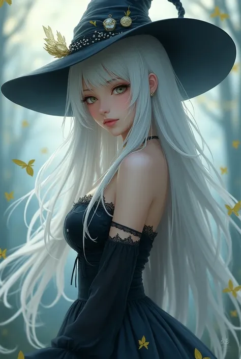 Beautiful busty emo girl with long white hair wearing anime hat