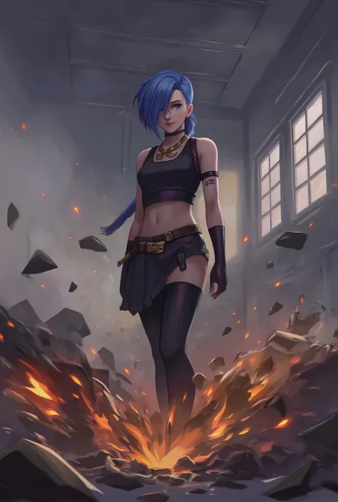 anime realism, Jinx from League of Legends, jinx (league of legends), a girl with long blue hair, Jinx stands in front of a spectacular sight composed of explosions and flames. Her posture was proud, as if admiring her own masterpiece, set against the back...