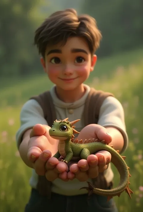 
A 25 year old man holds a small and cute dragon in his hands in the Looking for camera and smile.