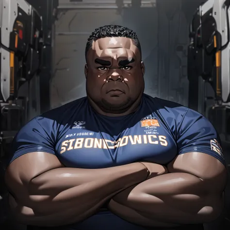  Portrait photography, In the front view is a portrait of a strong fat black man, with thick eyebrows, with arms crossed,  navy blue workshop mechanics jersey , front view photo , taken with Canon EOS R5,  defines a strong contrast that accentuates the sub...