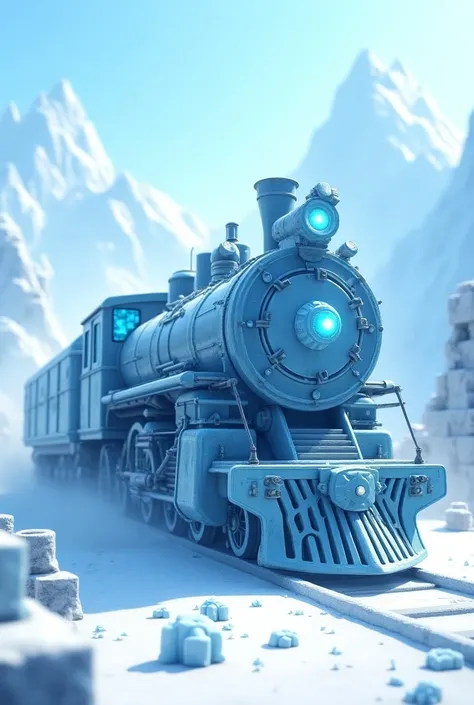 Make a cool robotic icy long train in minecraft style