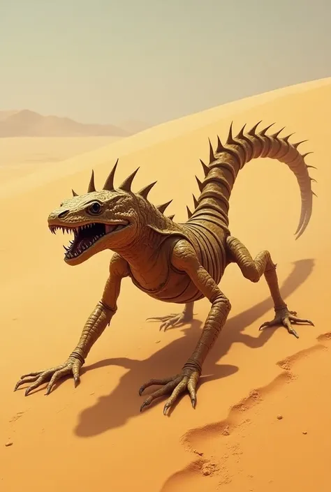 In a scorching, desolate wasteland, a horrifying hybrid slithers across the sand—a creature born from the fusion of a scorpion and a lizard. Its body is a nightmarish combination of the two predators, with the sleek, reptilian form of a lizard extending in...