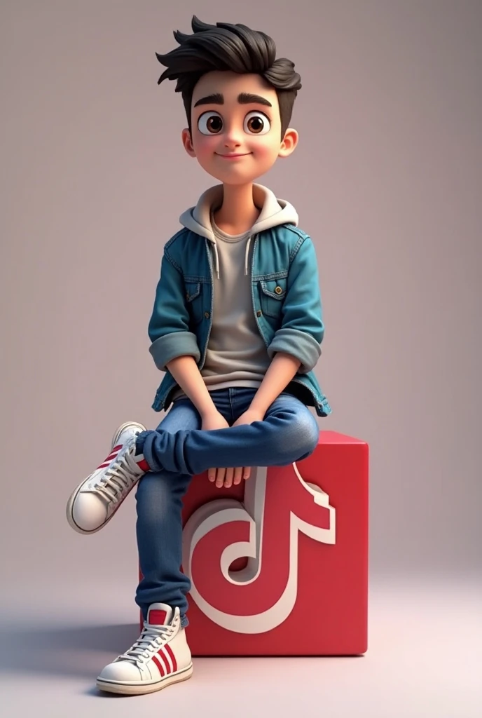 Realistic photo Create a 3D illustration of an animated character sittingcausly on top of a social media logo real TikTok 
The character must wear casually modern clothing such us jeans jaket and sneakers shoes the background of the image is a social media...