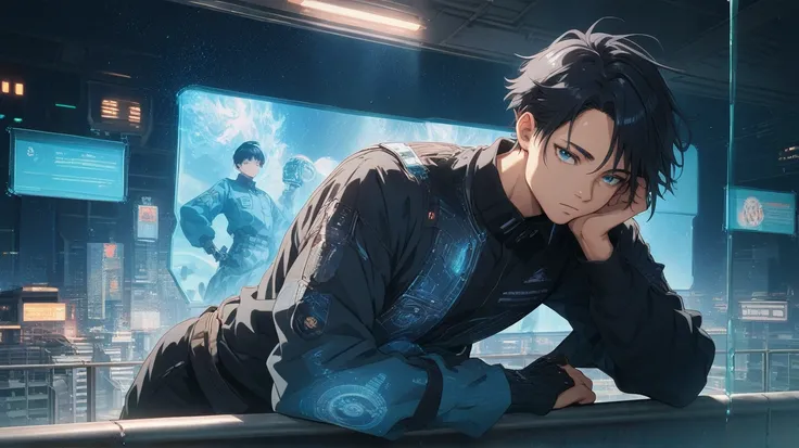 A cool anime boy with short, sleek black hair and a calm expression, dressed in a stylish black button-up shirt with silver buttons and subtle neon accents. He’s leaning casually against a glass railing, gazing out over a bustling cosmic city filled with s...