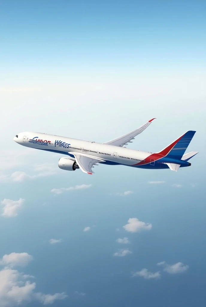  Create an image of a Boeing 787 dreamliner with the name of airline  "Condor Wings "  that the aircraft is white and with elegant red and blue details,  and that on the tail of the plane ,  has a design or image that is representative of Chile ,  or the a...