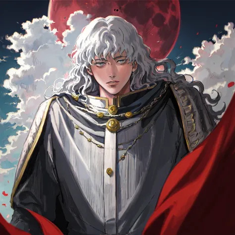 (masterpiece,Best Quality:1.5), Griffith  ( Berserk), One Boy , blue eyes, Bodysuit , closed mouth,lips,Long Hair,male focus,Alone, wavy hair in front of the station,Gray Hair, close, viewers from below,full moon,cloud, Hi-Res, absurd,This user is alive,((...