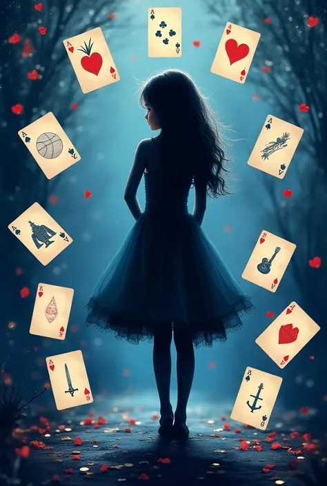  Make a romantic book cover with a girls shadow and playing cards around it with different symbols:  An Ace with a blue heart , a padlock,A notebook sheet , A comet,  A basketball ,  A military badge , a guitar, a closed book,  a kiss marked , a sword.
The...