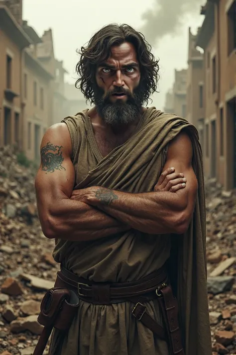 Jonas Angry face, Hair curled to the shoulder, With arms crossed, Looking ahead, His clothes are tunics from the first century, In the background destroyed houses old houses, Fire coming out. Cinematic style
