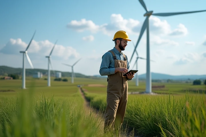  Picture specialists ,  working in the background green technologies in Russia .  In the foreground, an engineer in overalls and a helmet ,  testing the wind turbine ,  standing among green fields or snowy plains  ( to emphasize the possibility of working ...