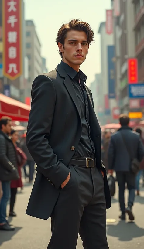 Islamic) A young man standing confidently in a bustling street, smiling with pride, thinking he’s smarter than everyone else around. Hes dressed in modern attire, with a self-assured expression on his face.