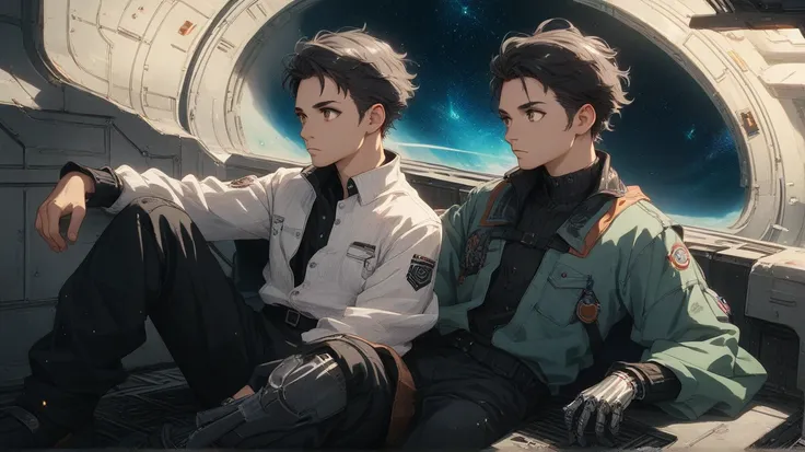 A relaxed anime boy with messy black hair and warm brown eyes, dressed in a simple yet elegant black button-up shirt with metallic silver buttons and intricate stitching along the cuffs. He’s sitting on the edge of a platform in a futuristic space station,...