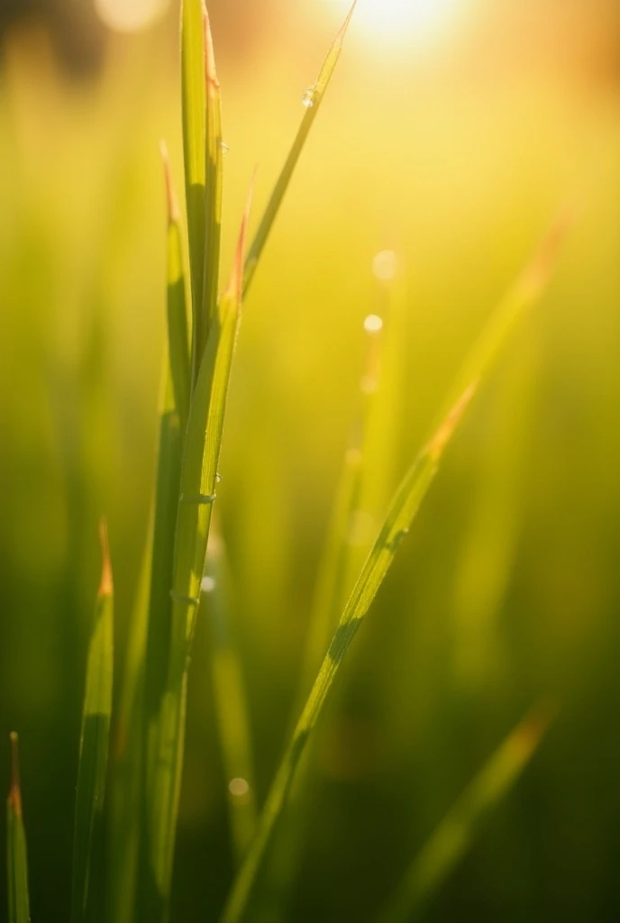 A close-up image of grass strands illuminated by soft, natural sunlight. The light enhances the texture of the grass, showing fine details like the dewdrops glistening and tiny veins on the blades. The background is softly blurred to create depth, emphasiz...