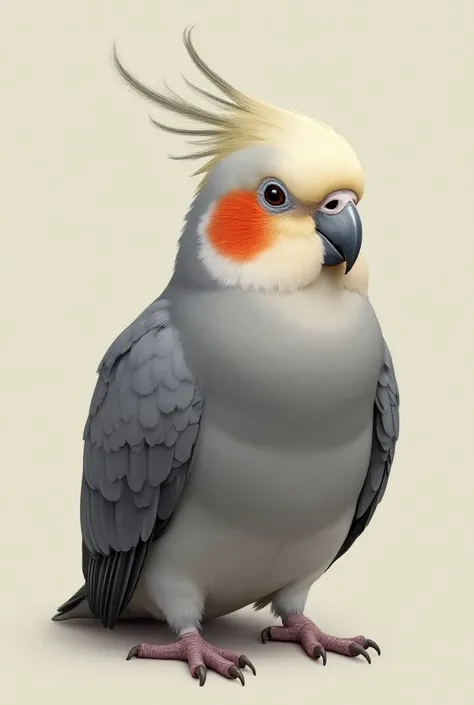 An all-gray cockatiel with orange cheeks with gray wings with white details and skin-colored feet