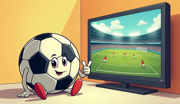 Soccer ball with hands and legs watching a game of soccer on a giant tv screen, comic, cartoon, funny