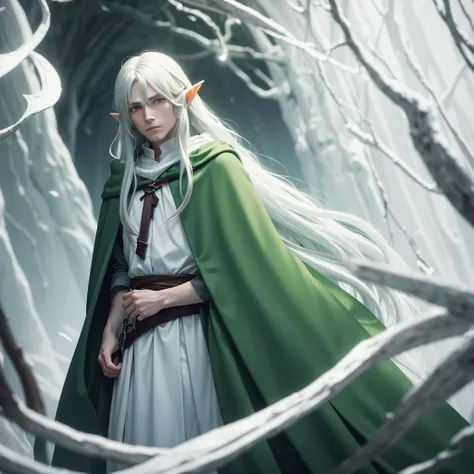 1 man elf, long hair, light green hair, darkness cloak, silver eyes, bluish-white skin