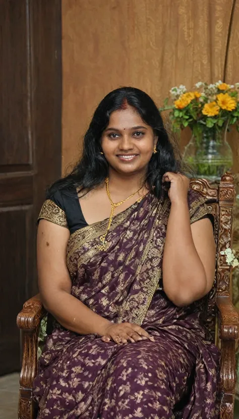 A photo of a indian woman of 45 yo, dark skin, south indian, traditional, busty, plus sized, with long black hair, seated elegantly on a vintage-style chair. She wears a deep black blouse with a floral saree , long locket, braid on front, golden ornaments,...