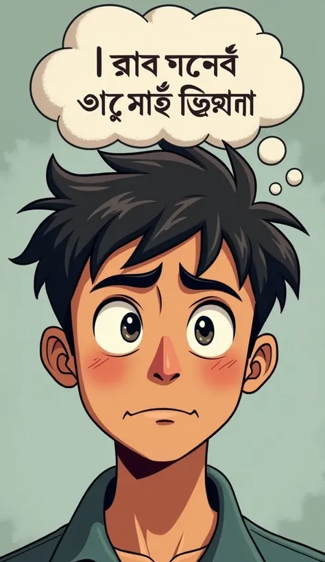 (Islamic) Close-up of the young man with a thought bubble above his head, reading in Bangla: "আমি তো অনেক চালাক, আমার সাথে কেউ প্রতারণা করতে পারবে না।" His facial expression shows pride and slight arrogance.
