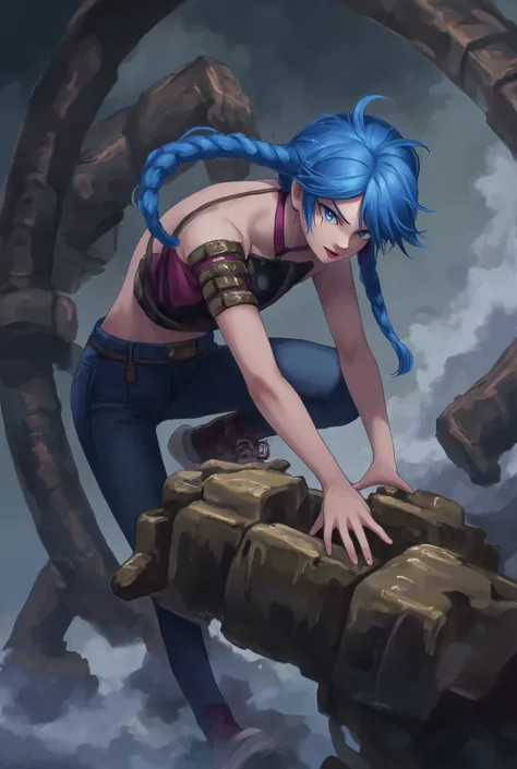 anime realism, Jinx from League of Legends, jinx (league of legends), a girl with long blue hair, Jinx explores the underground city, unraveling complex mechanisms and puzzles. Her eyes revealed curiosity and wit, surrounded by an underground city environm...