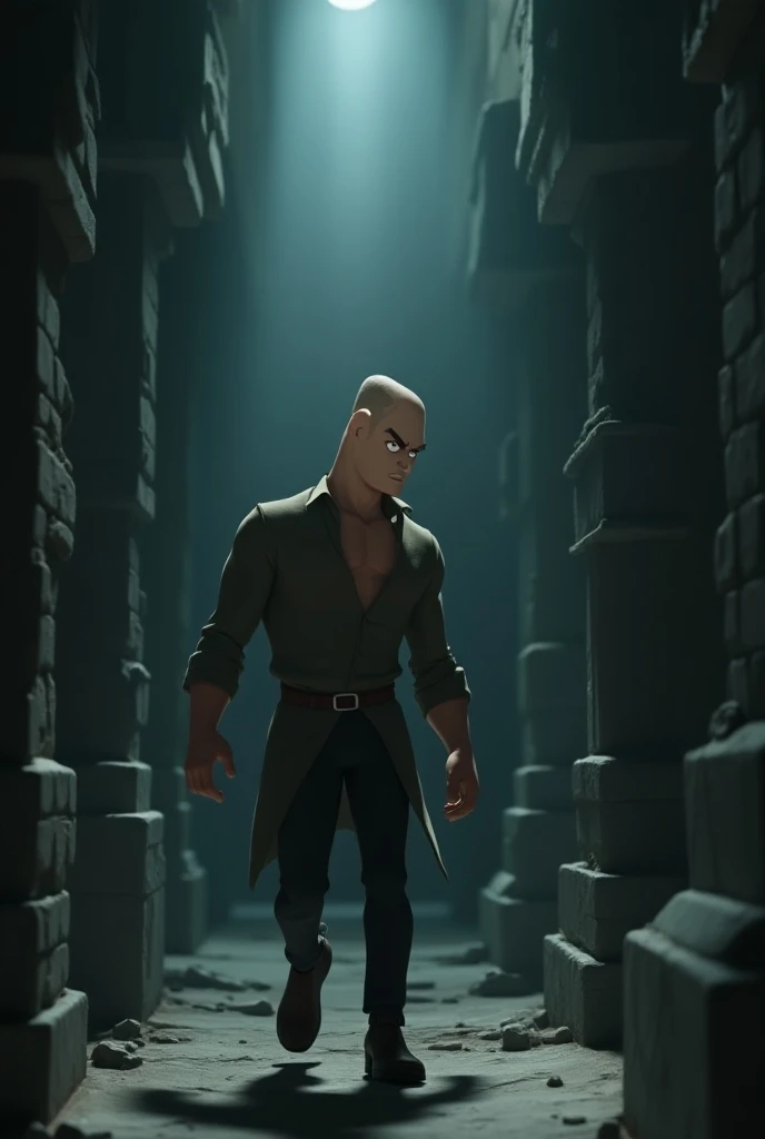 Generat in cinematic 3d cartoon style Aryan walking through the labyrinth, glancing over his shoulder as if sensing someone or something following him. His face shows fear and suspense, with shadows all around."