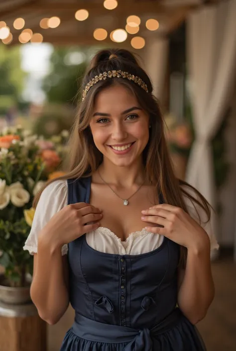  Realistic upper body portrait of a young Spanish brunette aged 23 with long hair,  ponytail , hairband, smile. She poses for the camera wearing a short dark blue dirndl with a satin apron ..., Oktoberfest,glamour fotoshooting, Wedding celebration,   perfe...