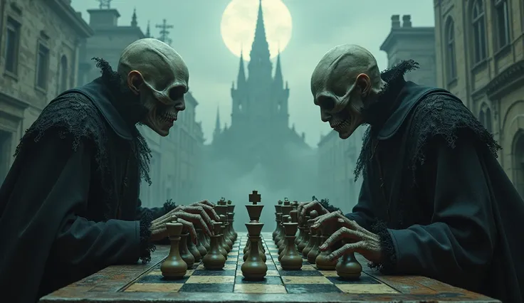 Two gothic undead figures, clad in tattered Victorian attire, engage in a somber game of chess atop a crumbling, moonlit cityscape. The chess pieces are intricately designed human figures, crafted for a Halloween night of chilling intrigue. The city, shrou...