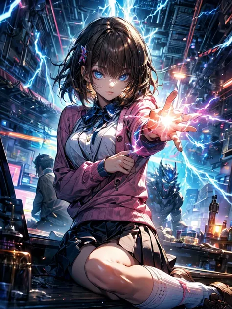 (Best Quality),Very detailed,Very detailed,1girl and 1robot、 ( with a serious expression:1.2)( High School Girl :1.3) Very attractive eyes、A seductive smile( Short brown hair :1.8）(Sitting girl)break、
break、 High School Girl Shirt 、Ribbon on chest、pink swe...