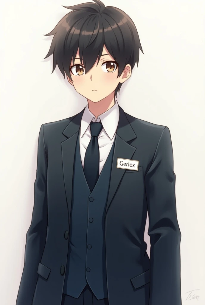 Anime boy wearing lawyer costume with the name GERLEX on a badge that is on his chest 