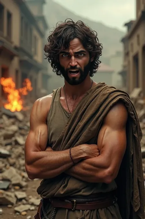 Jonas Angry face, Hair curled to the shoulder, With arms crossed, Looking ahead, His clothes are tunics from the first century, In the background destroyed houses old houses, Fire coming out. Jonas angry. Ultrarealistic 4K cinematic style