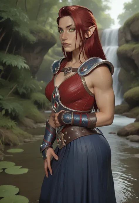 a strong half elven woman with thick chin and nose and lips with long red mane and a straight thick nose and small triangular and pointy ears, resembling young Psylocke, with small pointy ears through the spiky mane, green eyes, wearing a full plate chest ...