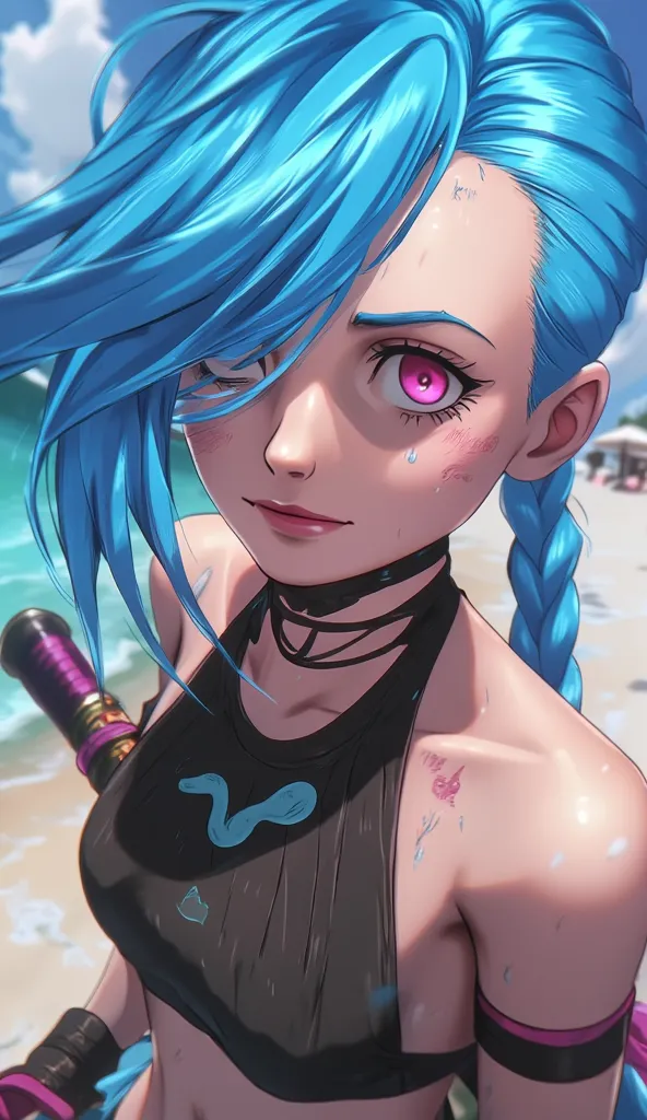 anime style, full body shot of jinx, laying on beach and making selfie, bikini, low twintails,blue hairstyle, choker,pink eyes, ...