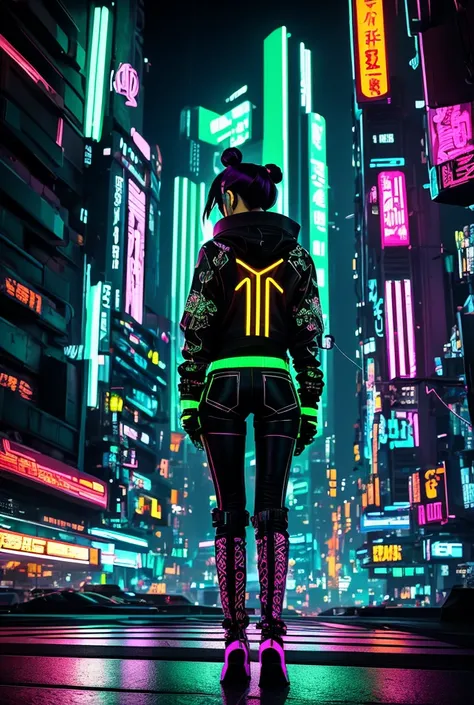 The image depicts a futuristic, cyberpunk character with a bold, rebellious style. The character, a young woman, has her hair in dual buns with bright green accents, and she’s wearing a neon green gas mask with intricate designs. Her outfit is detailed and...