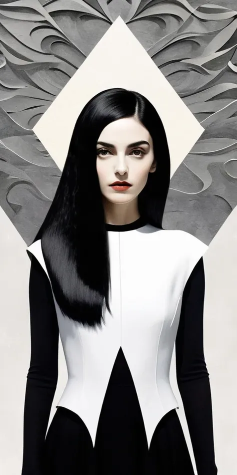 a highly detailed, minimalist, multi-layered collage, dadaist artist Man Ray style, standing, strange shapes, geometry, irregularly cropped photograph girl long black hair black clothes, symmetrically mirrored girl short white hair white clothes, gray empt...