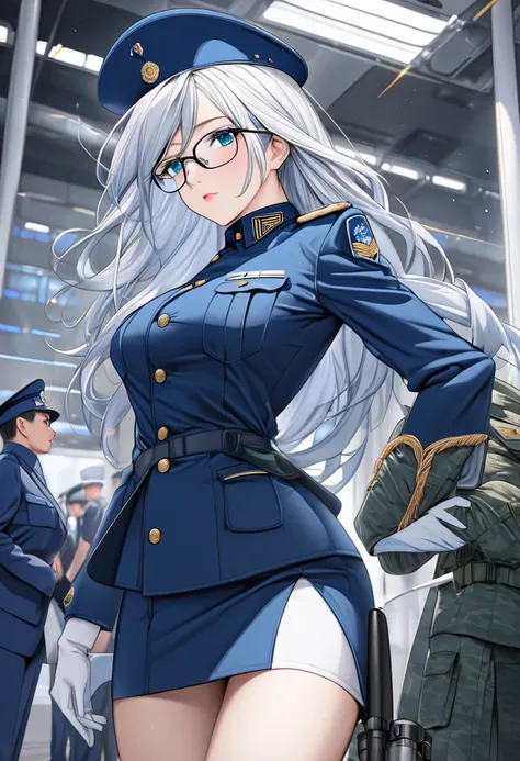 masterpiece, 最 high quality,  beautiful girls, white hair with blue inner color, emerald green eyes, Dark blue military uniform, Mature_woman, eye_Glasses,  white gloves, Anime, dark blue military hat , very_length_hair,  perfect body,  red ribbon, command...