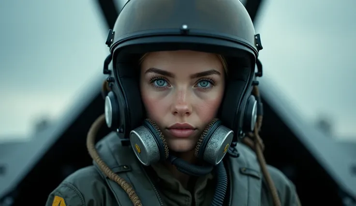  Cute 25-year-old Russian girl dressed as a fighter pilot, pilot helmet and oxygen mask , sitting in the cockpit of a fighter jet.  close-up ,  Realistic, 8 k. cinematic light, masterpiece 