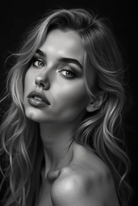 "Hyper-realistic, black-and-white photograph of an incredibly beautiful young woman in a medium profile, inspired by the cinematic portraiture style of Peter Lindbergh and the emotional depth found in the works of Herb Ritts. The image captures her with la...