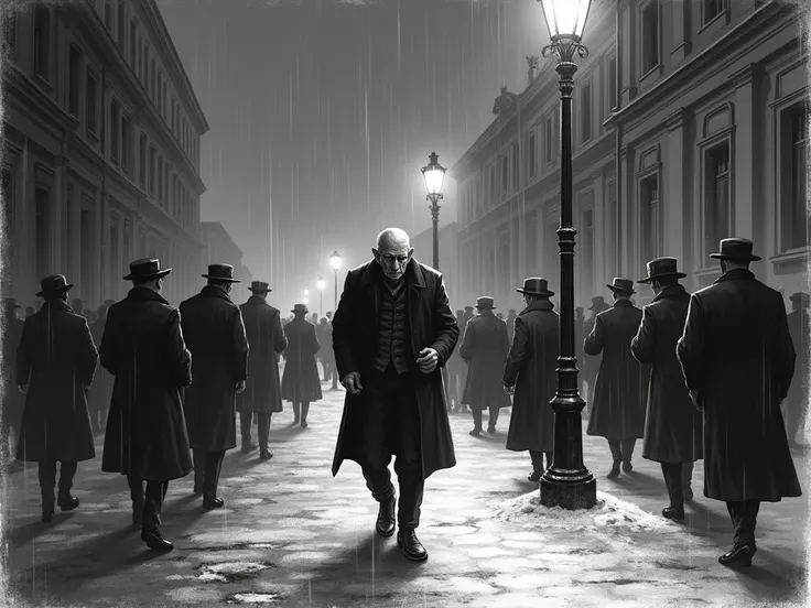 Black and white illustration done with pencil or charcoal. In the center of the illustration is a thin and stooped official in old, worn clothes. His face is pale, with an exhausted and sad expression, emphasizing his plight and inner loneliness. He walks ...