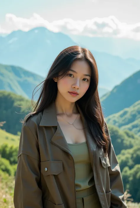 real, High-detail photo, (realism:1.5), ( highest quality :1.5),  sexy Japanese woman A beautiful woman stands on a mountain peak ,  surrounded by a breathtaking mountain landscape with green valleys and snow-covered peaks. She wears elegant,  weather-appr...