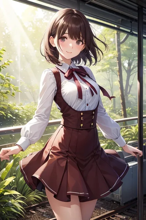 Nene Kasaki々、 shiny maroon hair ,  short hair, ( brown pretty eyes、 Sparkling Eyes, Fine grain)、smile、 super detailed eyes 、 very detailed face ,  very detailed eyes,masterpiece, Best Quality,  ultra high resolution,  cowboy shots、



, dancing gracefully ...