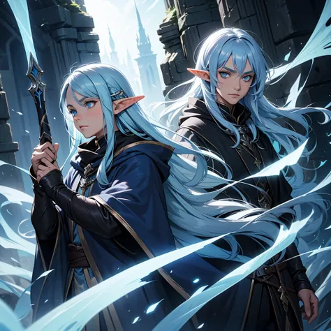 
1 man elf, long hair, light blue hair, darkness cloak, silver eyes