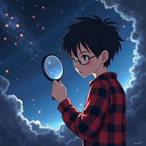  realistic anime boy with red and black checkered shirt, black hair and glasses, Short boy, looking with a magnifying glass ,  is in space and the universe in the background