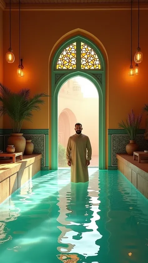 1. The Man:
Appearance: The man is standing calmly in the middle of the scene, partially immersed in clear, turquoise water that fills the room. He has a beard and wears a light beige or cream-colored traditional robe (possibly a thobe or similar garment)....