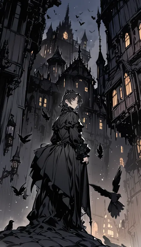 Dark night time . A Man in black Victorian era clothing was standing on top of a medieval buildings. he has a pair of black wings that coming out from his back. Theres a lot of raven flying nearby him .